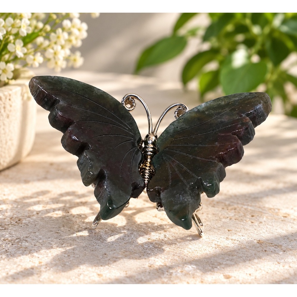 Bloodstone Heliotrope Butterfly Greenish Black Silver Crystal Carving Collect